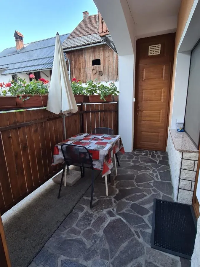Ograjena terasa apartmaja 1 z mizo in senčnikom