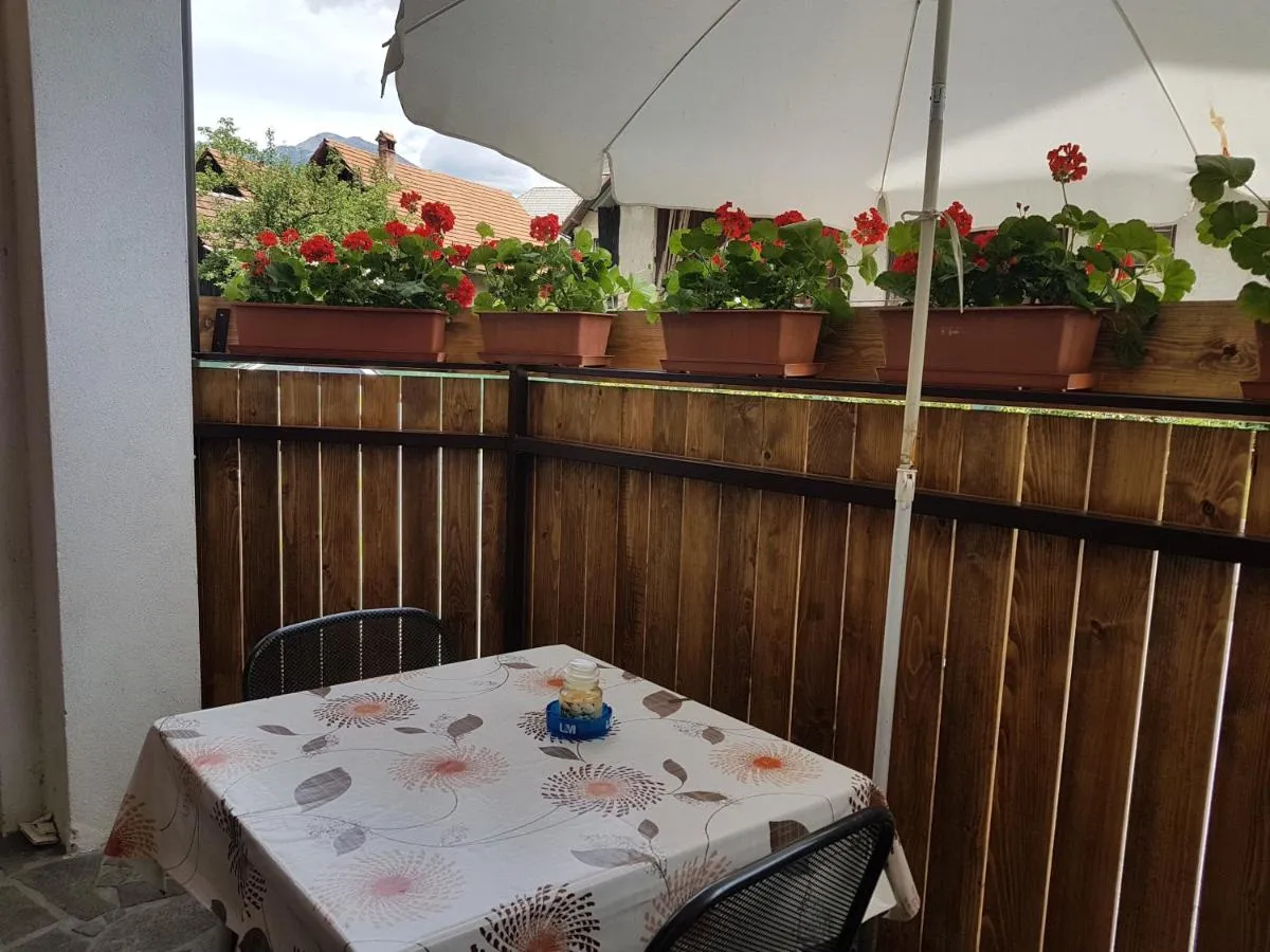 Terasa apartmaja 2 z mizo, senčnikom in cvetjem na ograji